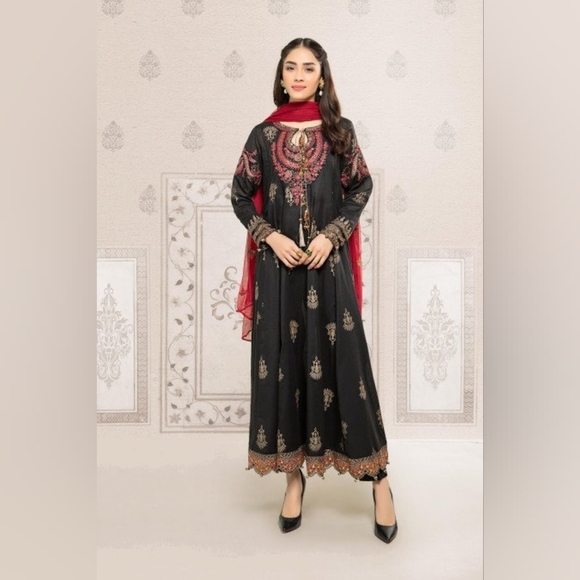 Maria B Dresses & Skirts - Maria B - Black and Red Embroidered Dress With Net Duppata - Festive Wear